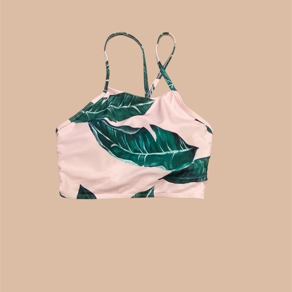 Pink and Green Leaf Print Bikini Top, size Medium 🌴